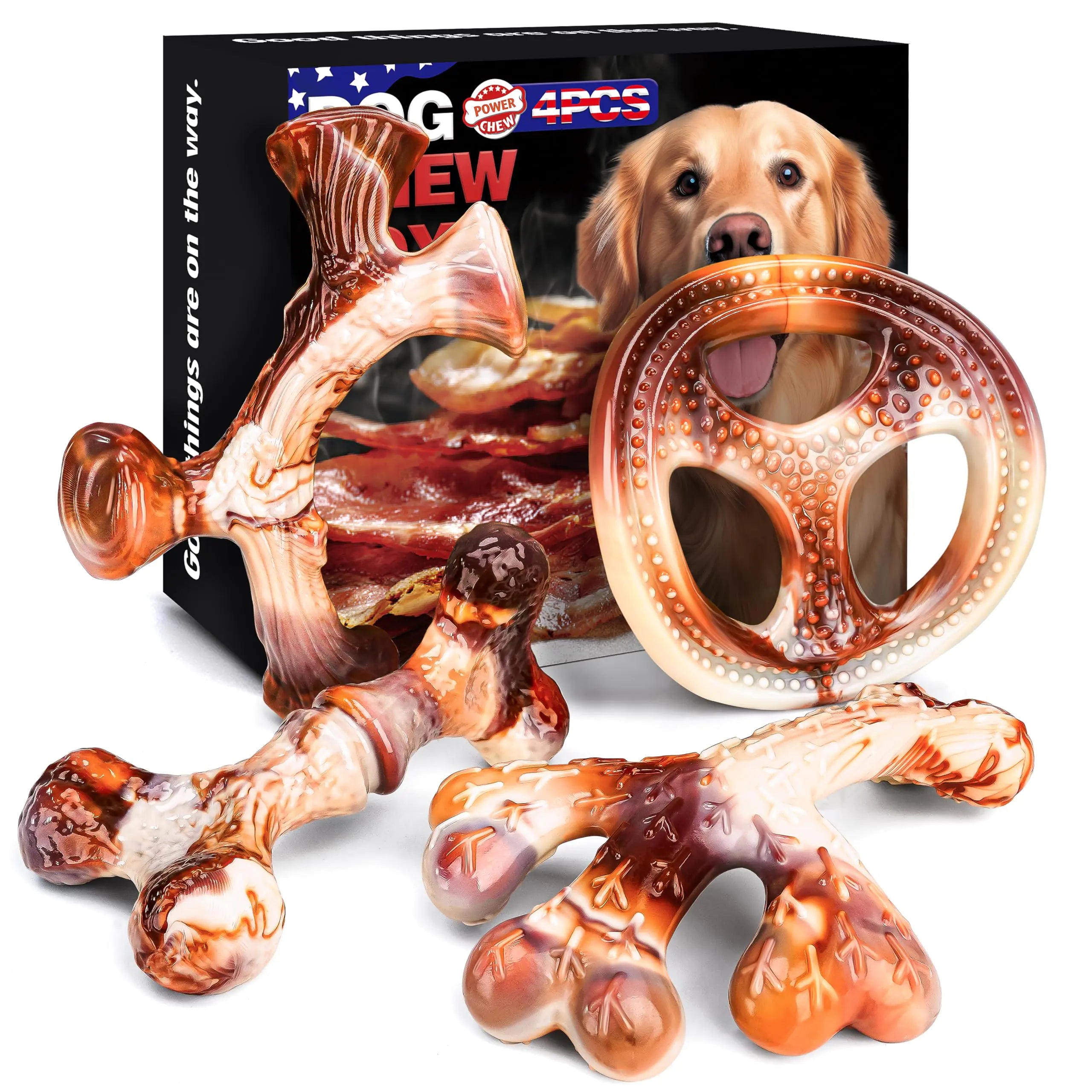 TonyEst 4-Pack Dog Chew Toys for Aggressive Chewers Indestructible Dog Toys for Large Medium Small Breeds Durable Dog Chews with Bacon Flavor Tough Nylon Dog Bones for Teeth Cleaning Toys