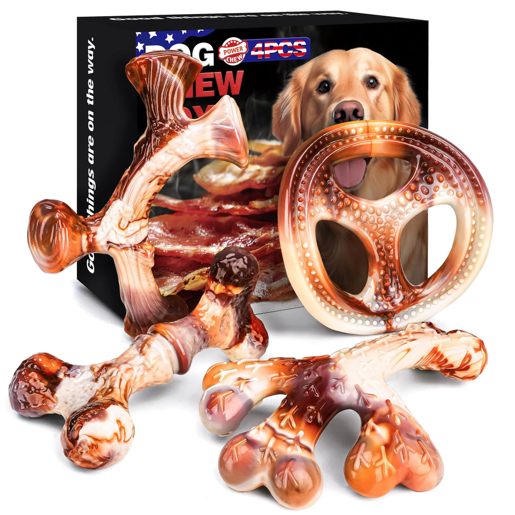 TonyEst 4-Pack Dog Chew Toys for Aggressive Chewers Indestructible Dog Toys for Large Medium Small Breeds Durable Dog Chews with Bacon Flavor Tough Nylon Dog Bones for Teeth Cleaning Toys